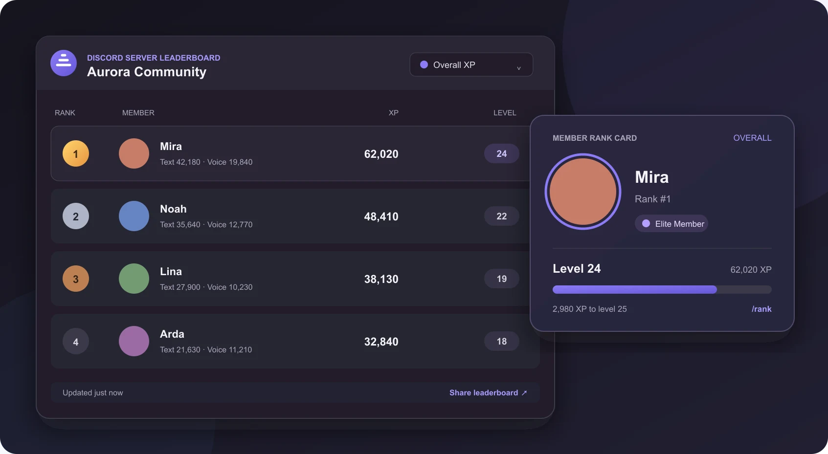 ErensiBOT Discord server leaderboard beside a customizable member rank card