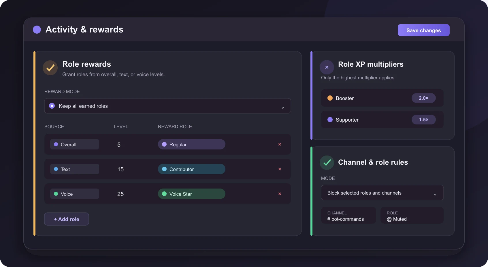 ErensiBOT dashboard for role rewards, XP multipliers, and channel and role restrictions