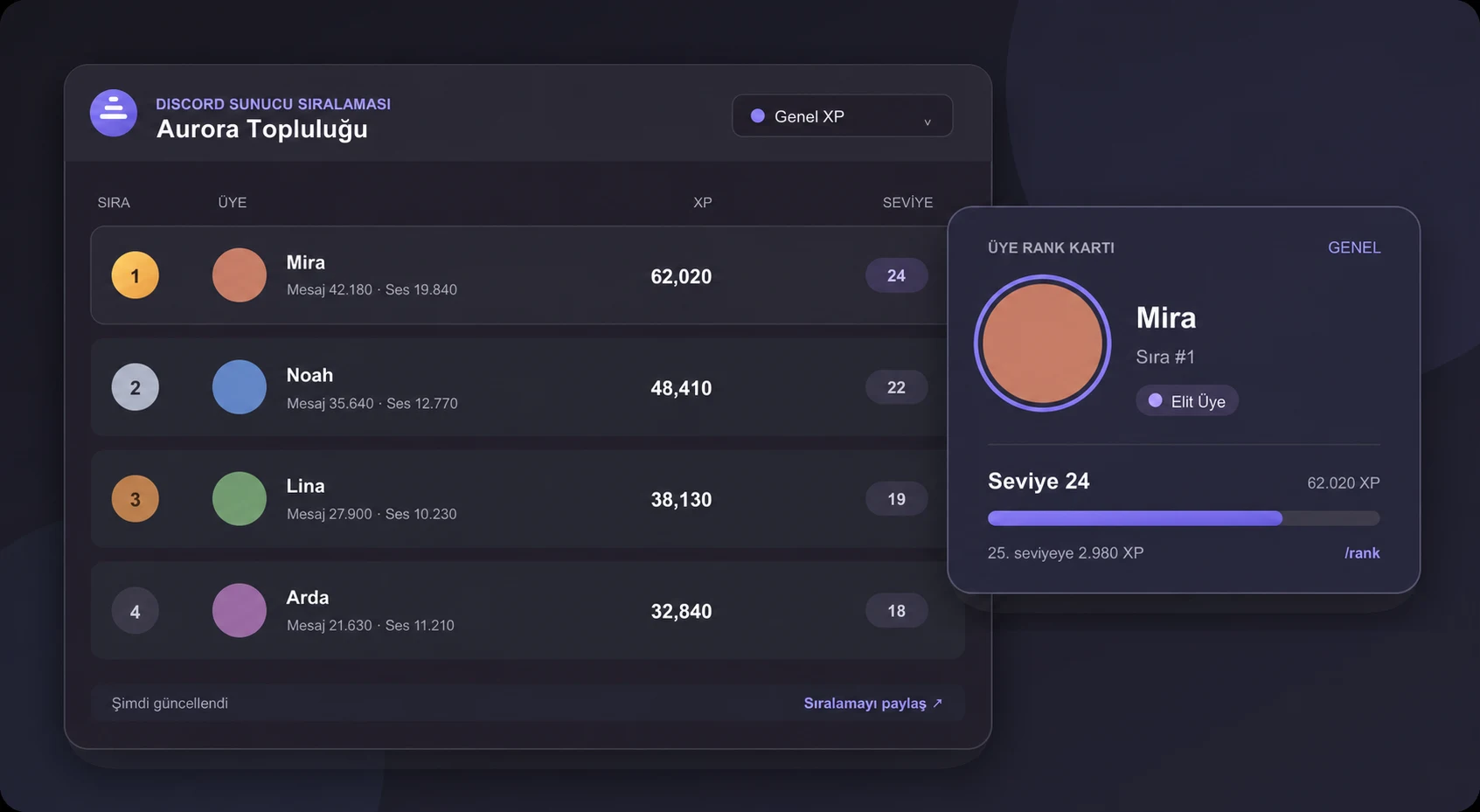 Özelleştirilebilir üye rank kartının yanında ErensiBOT Discord sunucu sıralaması